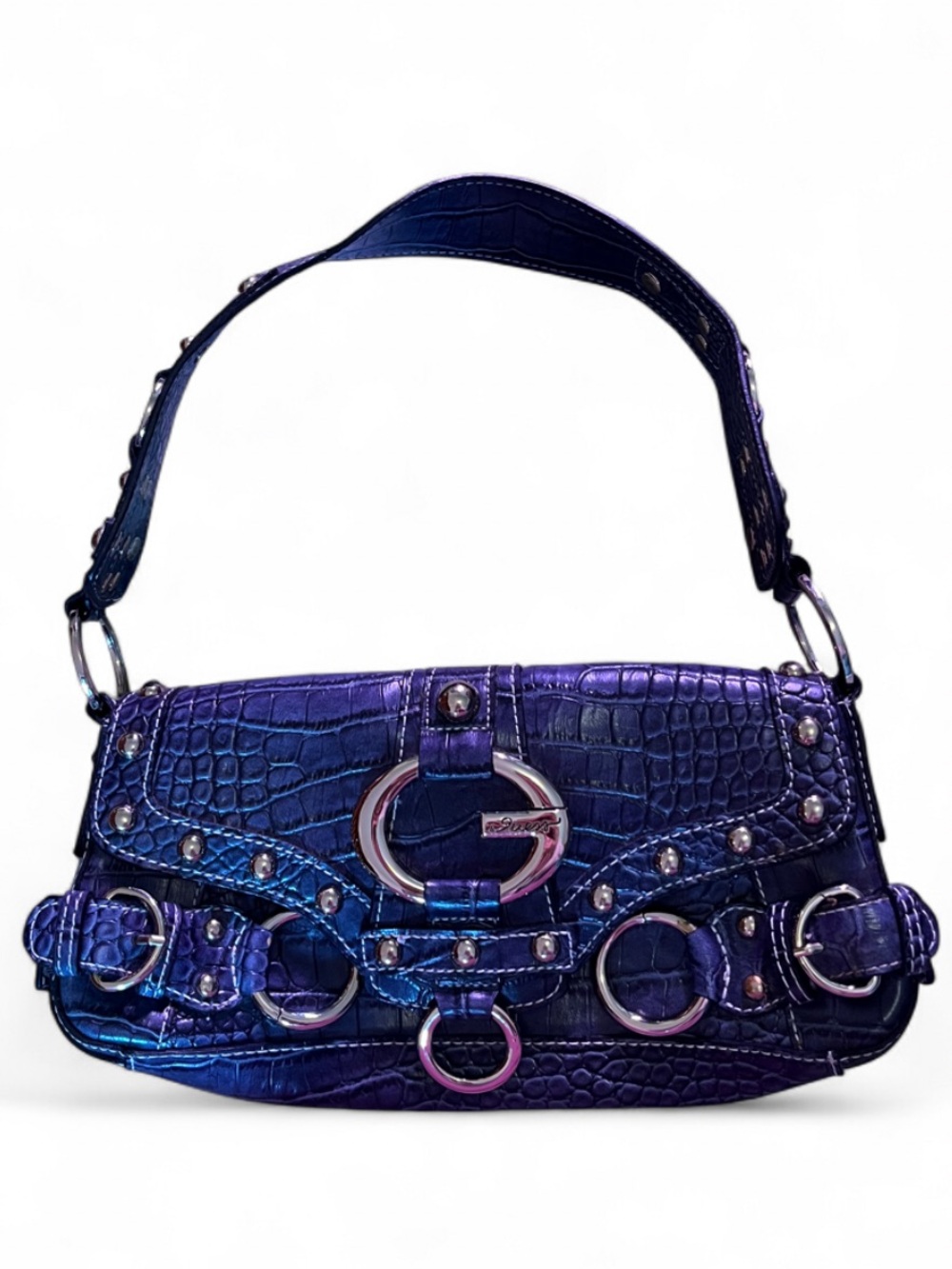 Guess vintage Y2K blue Croc-Embossed Shoulder Bag with Metal Ring Detail